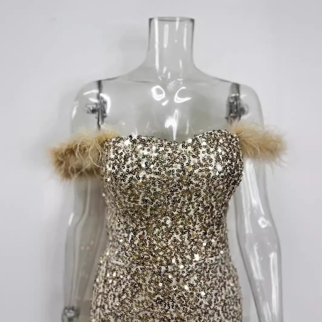 2025 Europe and America Cross Border New Factory Direct Sales Tube Top Feather Sequins Slim Fit Dress Long Dress Evening Dress