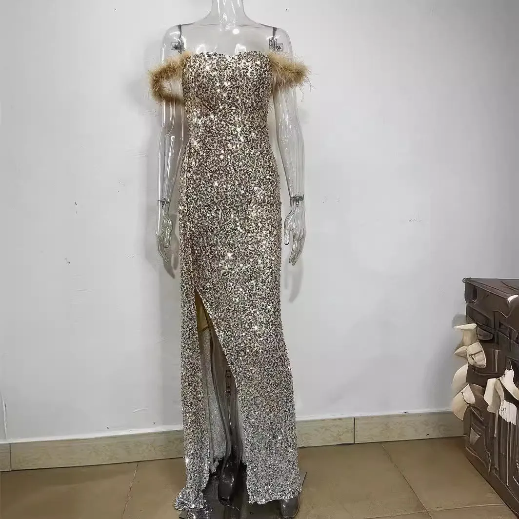 2025 Europe and America Cross Border New Factory Direct Sales Tube Top Feather Sequins Slim Fit Dress Long Dress Evening Dress