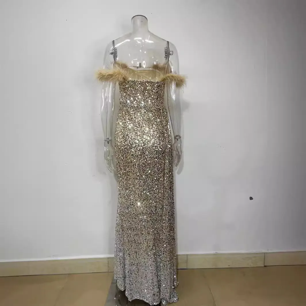2025 Europe and America Cross Border New Factory Direct Sales Tube Top Feather Sequins Slim Fit Dress Long Dress Evening Dress