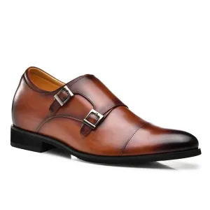 7CM / 2.76 Inches CMR CHAMARIPA Men's Height Increasing Monk Elevator Dress Shoes For Men Brown Calfskin Leather