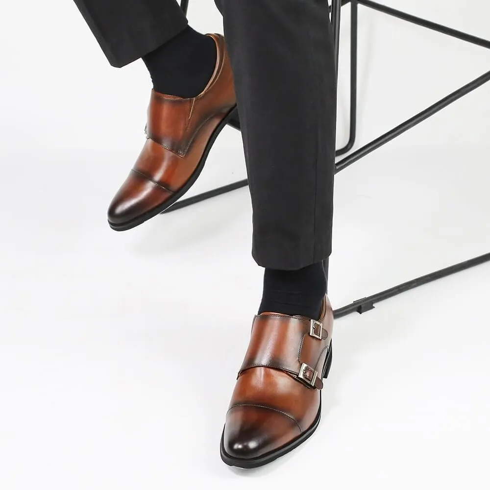 7CM / 2.76 Inches CMR CHAMARIPA Men's Height Increasing Monk Elevator Dress Shoes For Men Brown Calfskin Leather