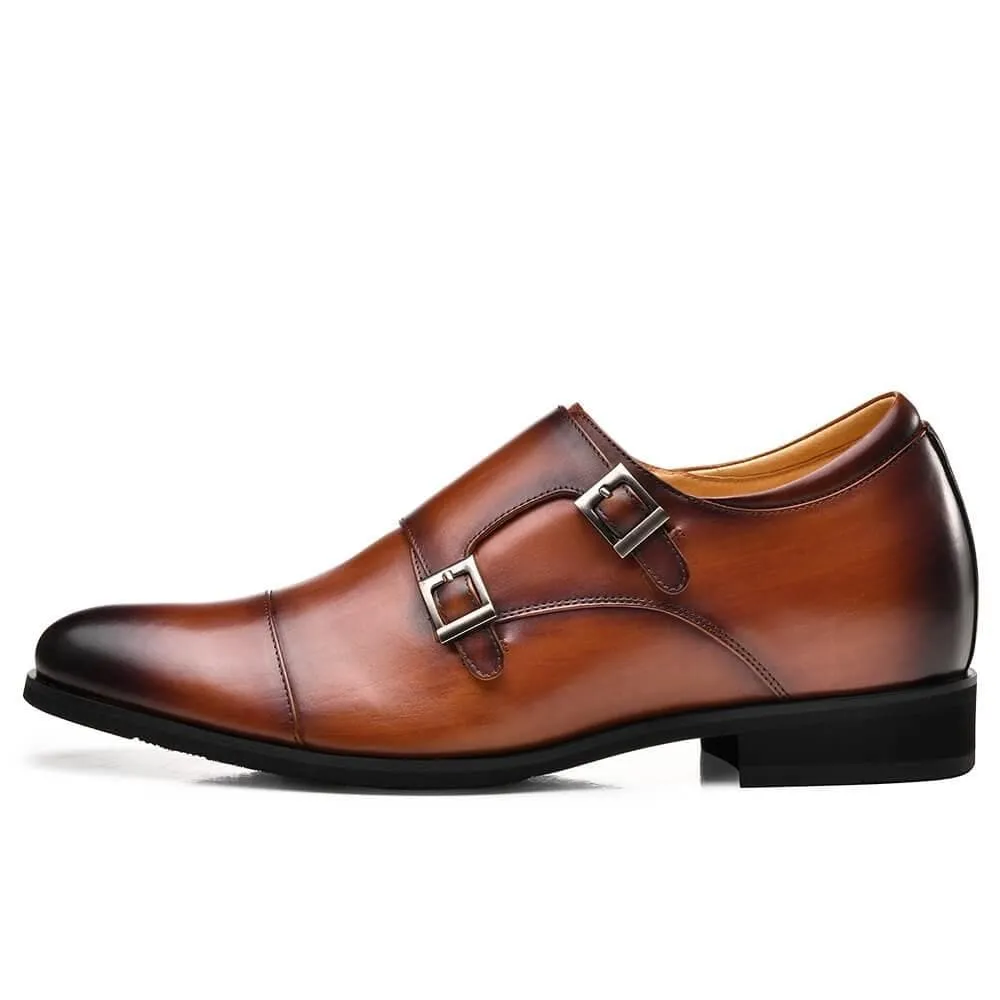7CM / 2.76 Inches CMR CHAMARIPA Men's Height Increasing Monk Elevator Dress Shoes For Men Brown Calfskin Leather