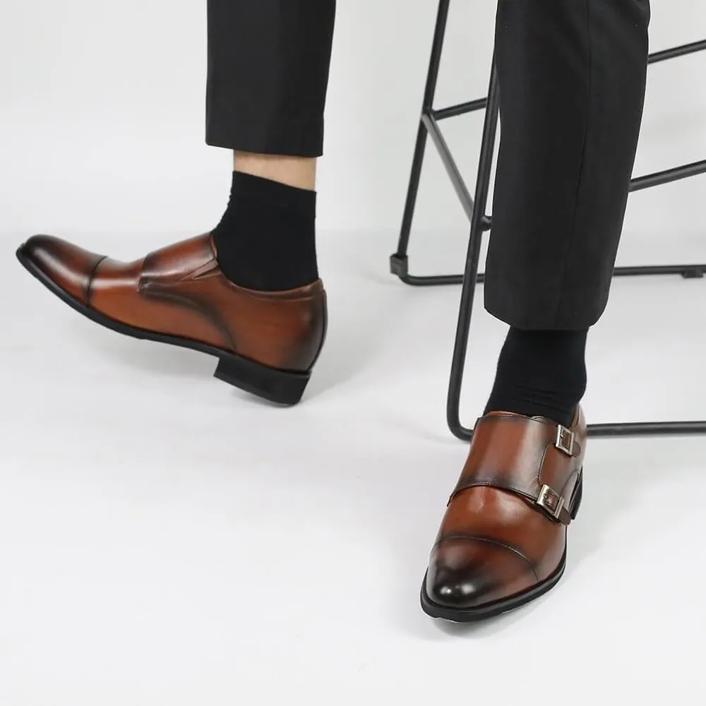 7CM / 2.76 Inches CMR CHAMARIPA Men's Height Increasing Monk Elevator Dress Shoes For Men Brown Calfskin Leather