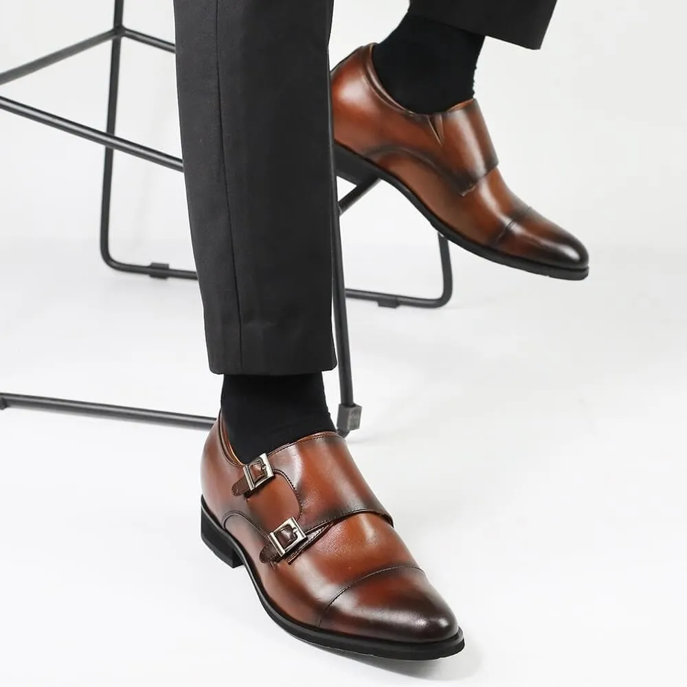 7CM / 2.76 Inches CMR CHAMARIPA Men's Height Increasing Monk Elevator Dress Shoes For Men Brown Calfskin Leather