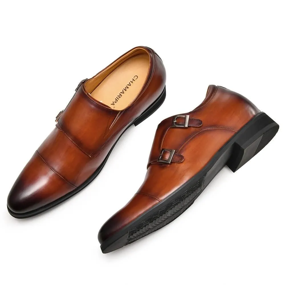 7CM / 2.76 Inches CMR CHAMARIPA Men's Height Increasing Monk Elevator Dress Shoes For Men Brown Calfskin Leather