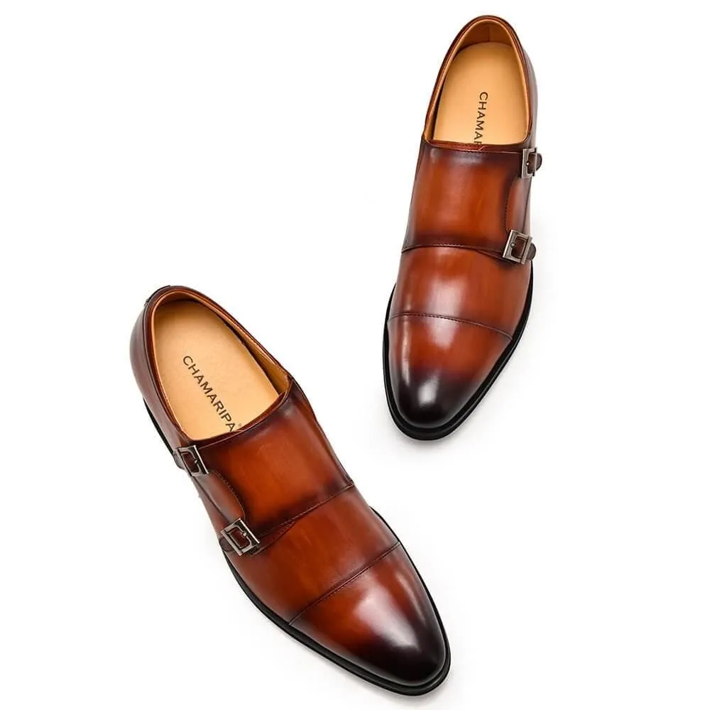 7CM / 2.76 Inches CMR CHAMARIPA Men's Height Increasing Monk Elevator Dress Shoes For Men Brown Calfskin Leather