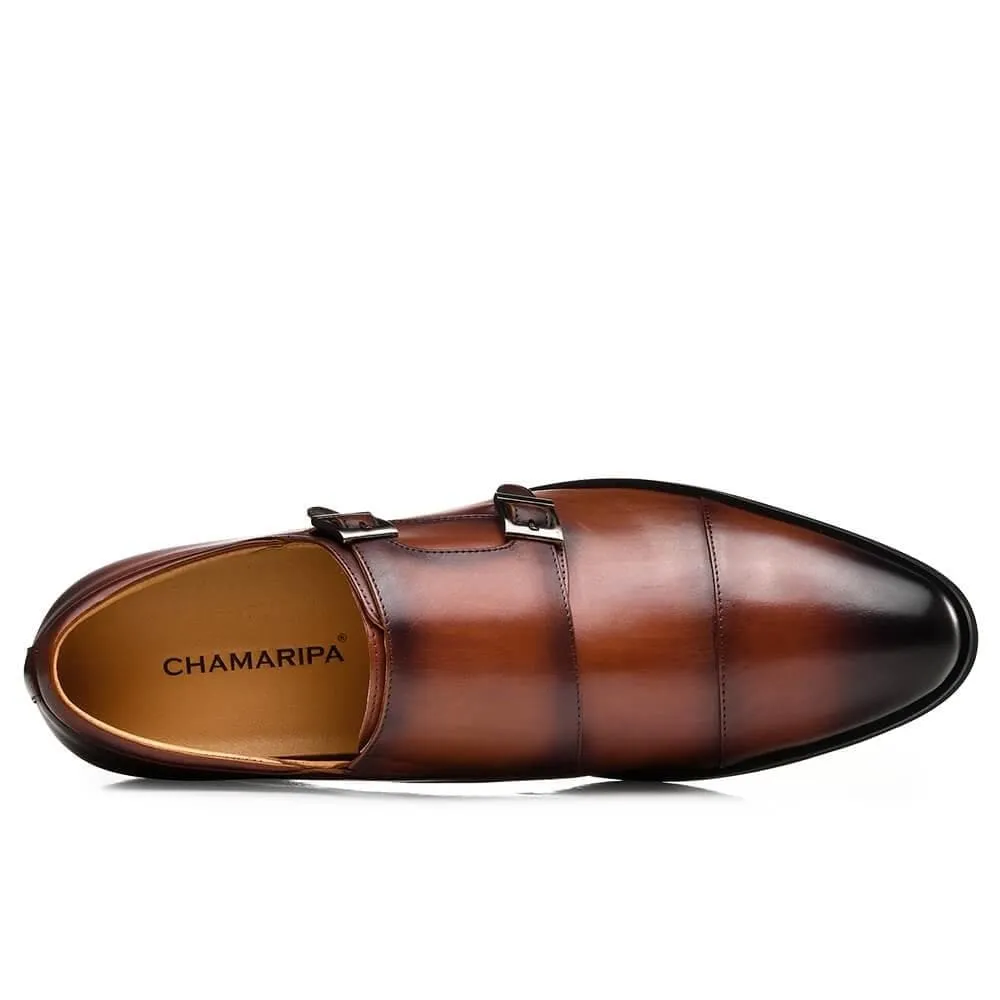 7CM / 2.76 Inches CMR CHAMARIPA Men's Height Increasing Monk Elevator Dress Shoes For Men Brown Calfskin Leather