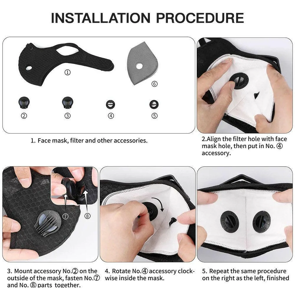 Adults Mouth Mask with Double Valves Active Carbon Filter Adjustable Safety Mask Reusable Breathing Valve Mask for Running Cycling   Camping Traveling