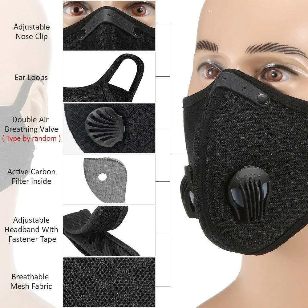 Adults Mouth Mask with Double Valves Active Carbon Filter Adjustable Safety Mask Reusable Breathing Valve Mask for Running Cycling   Camping Traveling