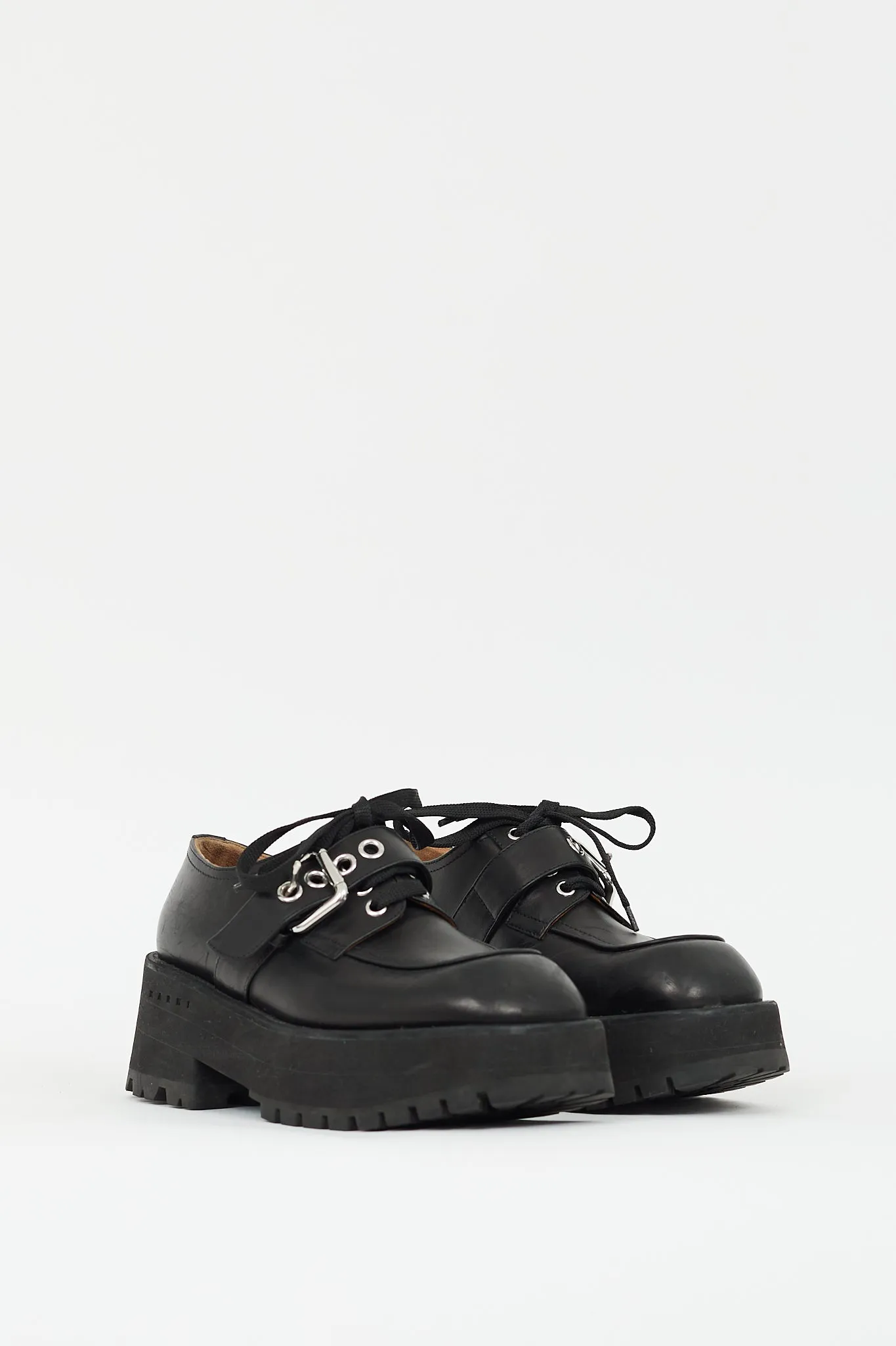 Black Leather Buckled Platform Derby