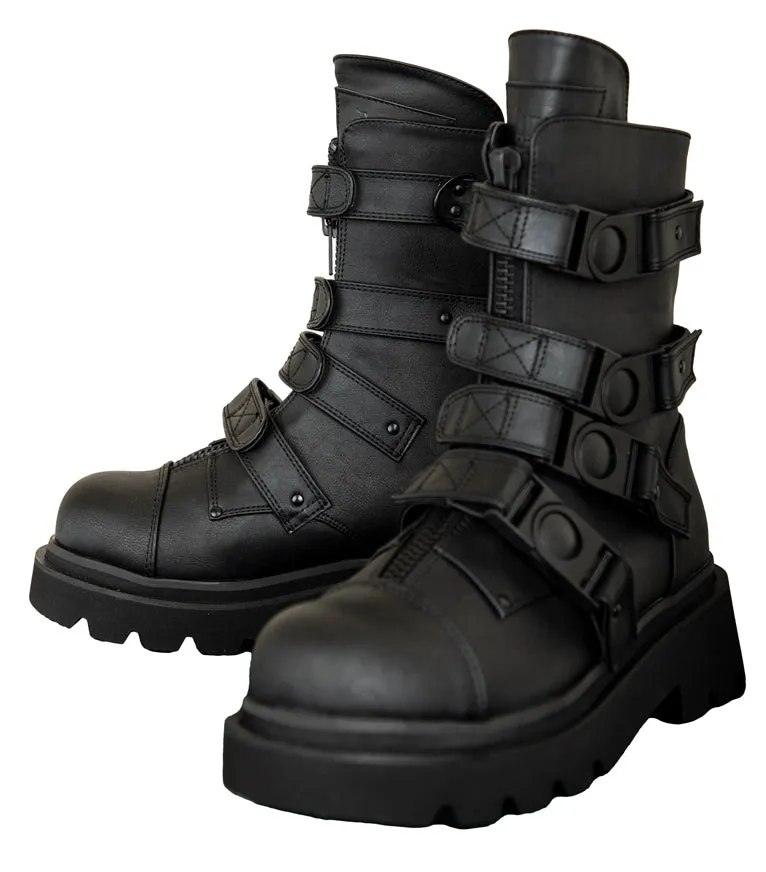 Black Pu Rave Platform Boots w/ Plastic Buckle Straps