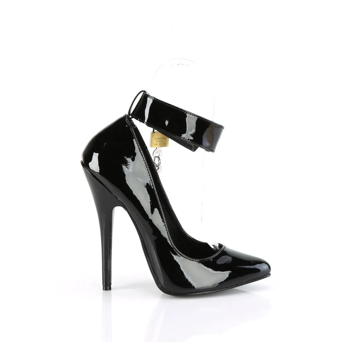 Black Pump with 6-inch Spike Heel, Ankle Cuff and Padlock DOM432