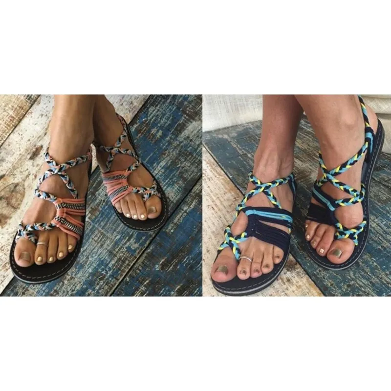 Bohemian Sandals Fashion Gladiator Sandals Female Flat Sandals Rome Style Cross Tied Sandals Shoes Beach Ladies Shoes