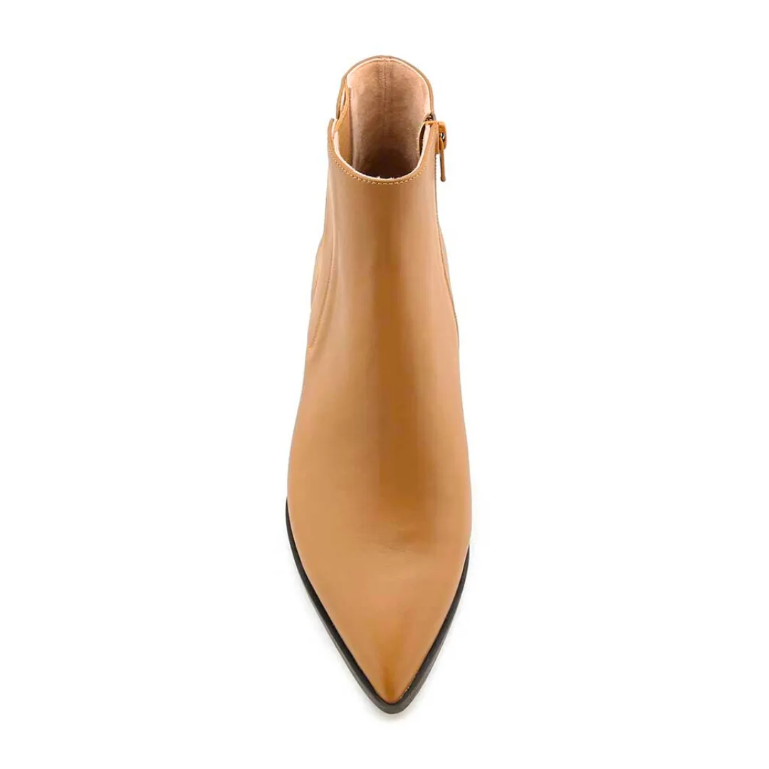 Camel Calf Leather Bold Block Ankle Boot