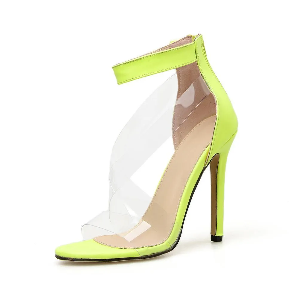 Chicvane Green Criss Cross Stiletto Heel Clear Heels Dress Sandals
