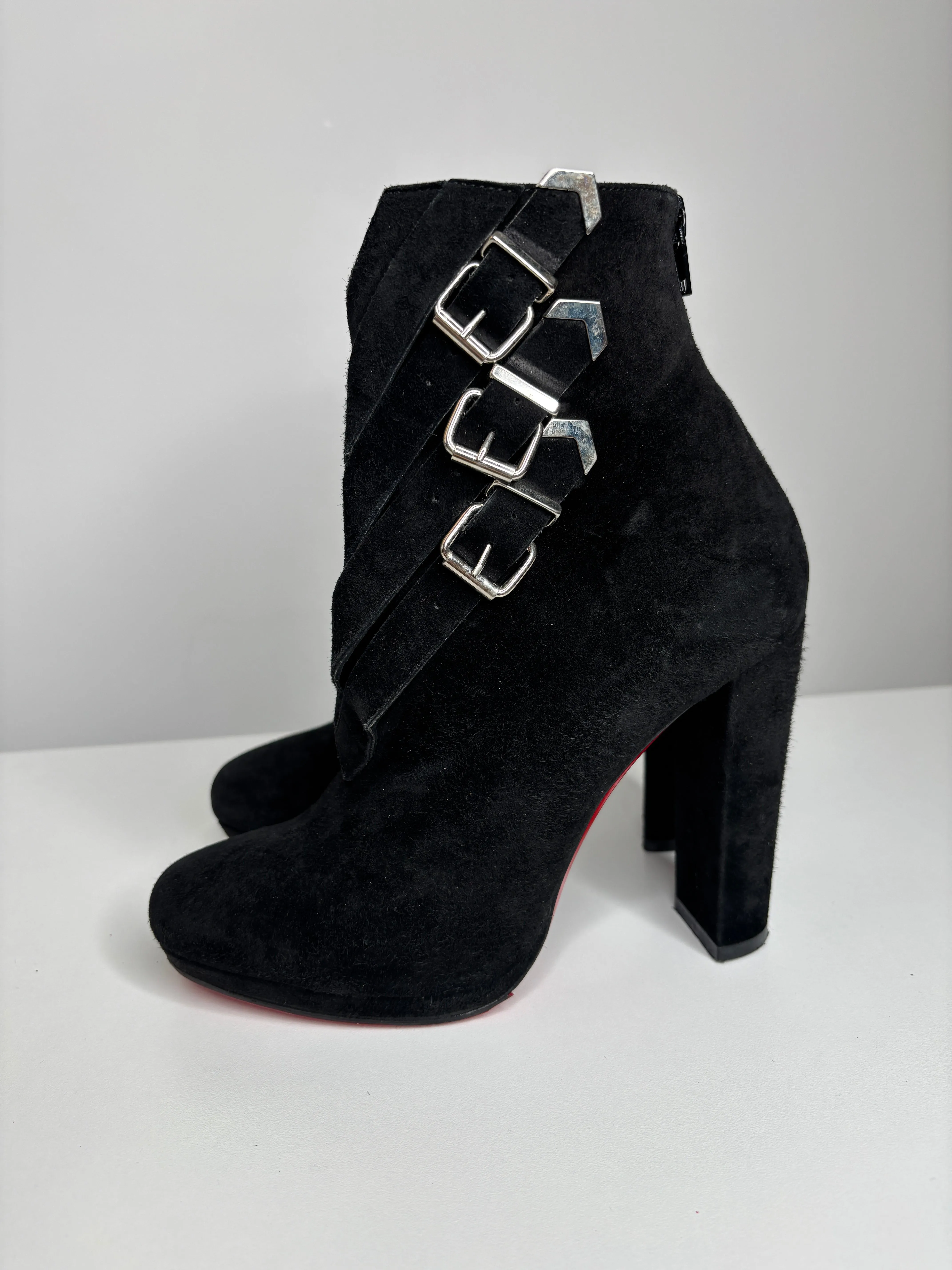 Christian Louboutin Troop 100 Black Suede Buckle Ankle Boots 37.5 UK4.5