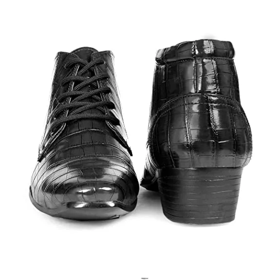 Crocodile Style Height Increasing Faux Leather Material Lace-Up Boots -JonasParamount
