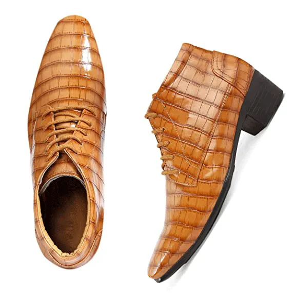 Crocodile Style Height Increasing Faux Leather Material Lace-Up Boots -JonasParamount