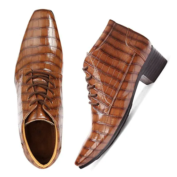 Crocodile Style Height Increasing Faux Leather Material Lace-Up Boots -JonasParamount