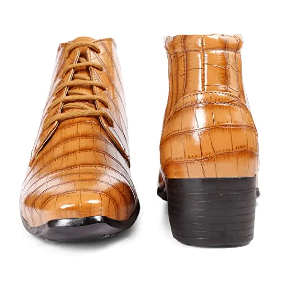 Crocodile Style Height Increasing Faux Leather Material Lace-Up Boots -JonasParamount
