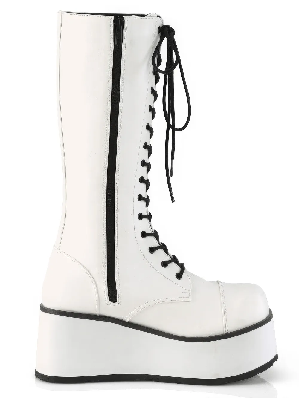 DEMONIA White Platform Knee-High Boots with Lace-Up