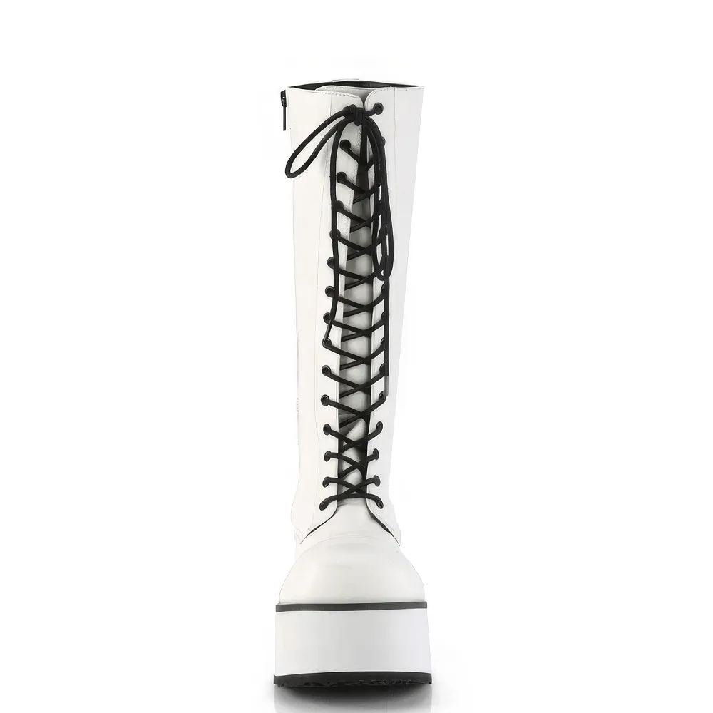 DEMONIA White Platform Knee-High Boots with Lace-Up