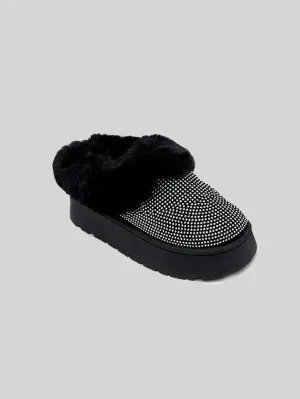 DIVA Embellished Faux Fur Platform Booties - Black