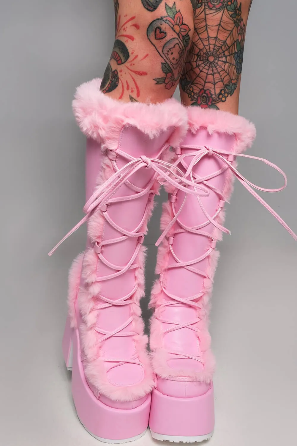Faux Fur Lace-Up Knee High Chunky Platform Boots - Pink