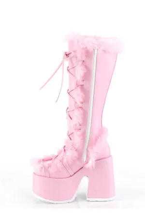 Faux Fur Lace-Up Knee High Chunky Platform Boots - Pink