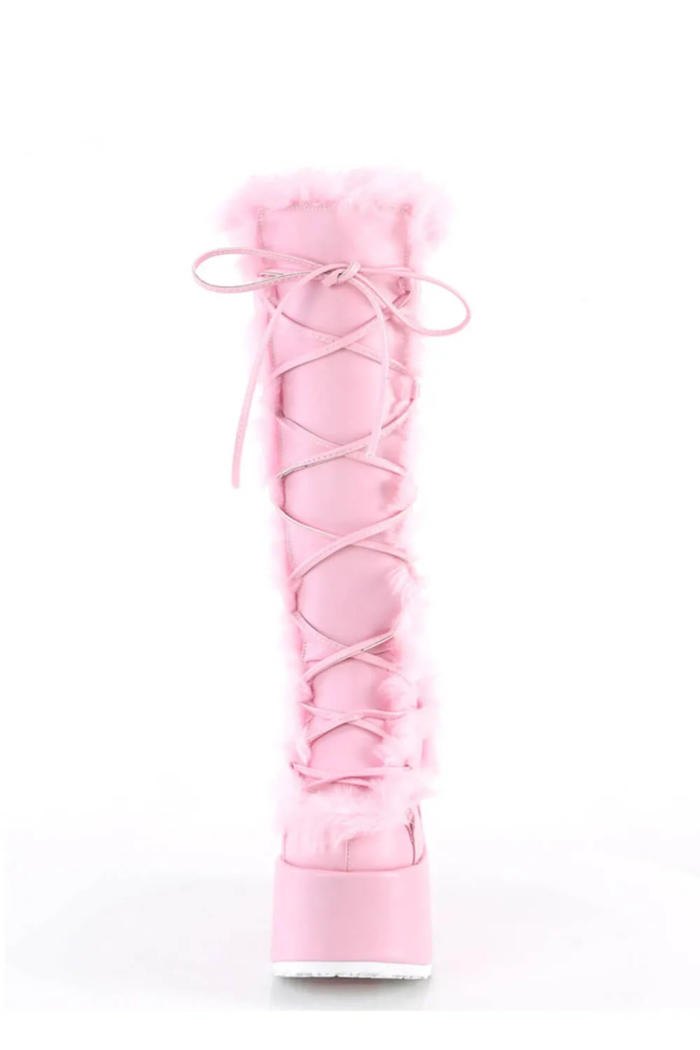 Faux Fur Lace-Up Knee High Chunky Platform Boots - Pink