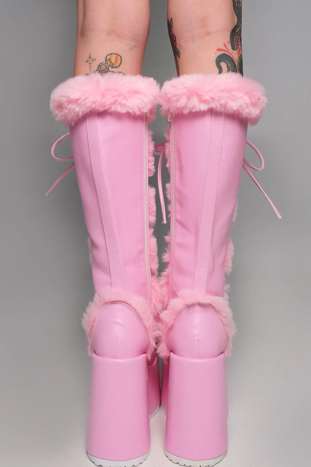 Faux Fur Lace-Up Knee High Chunky Platform Boots - Pink