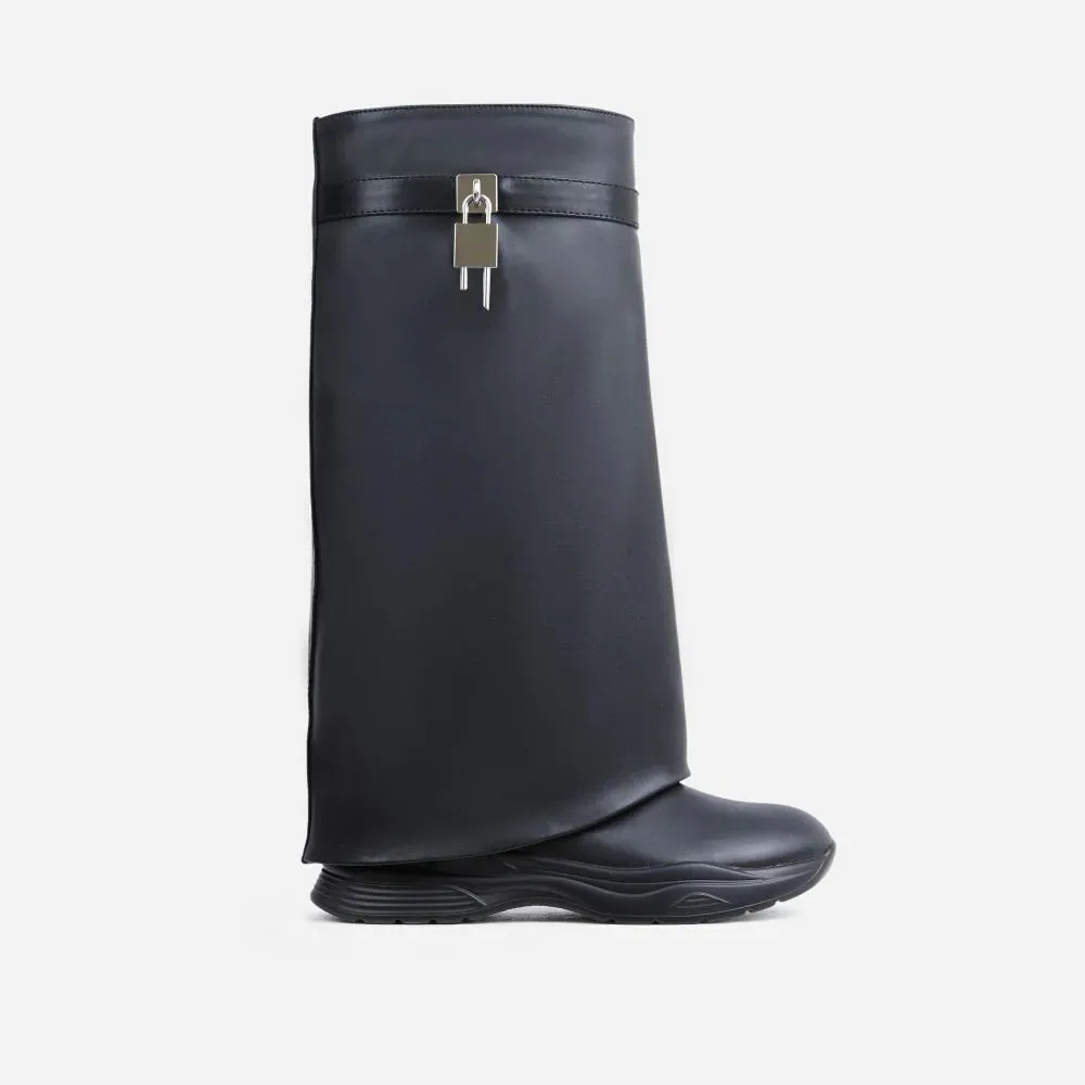 Fold Over Flat Platform Chunky Sole Padlock Boots Triple Sec