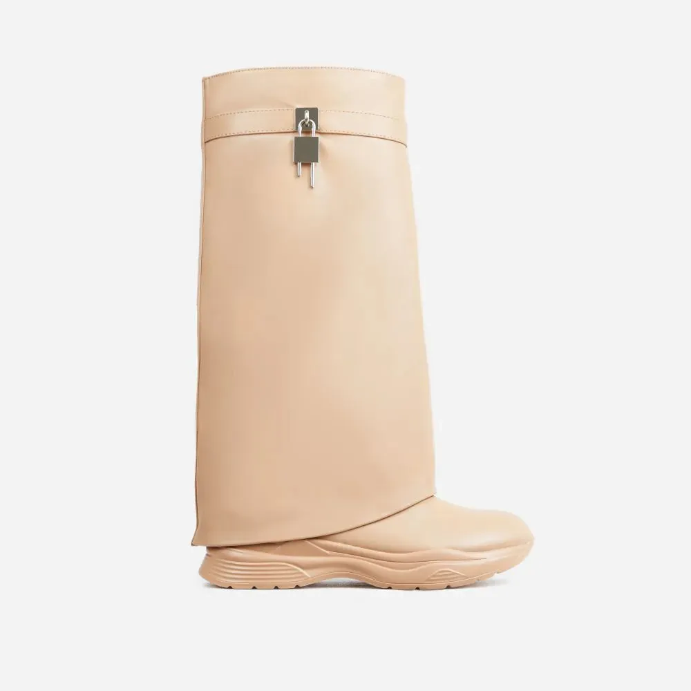Fold Over Flat Platform Chunky Sole Padlock Boots Triple Sec