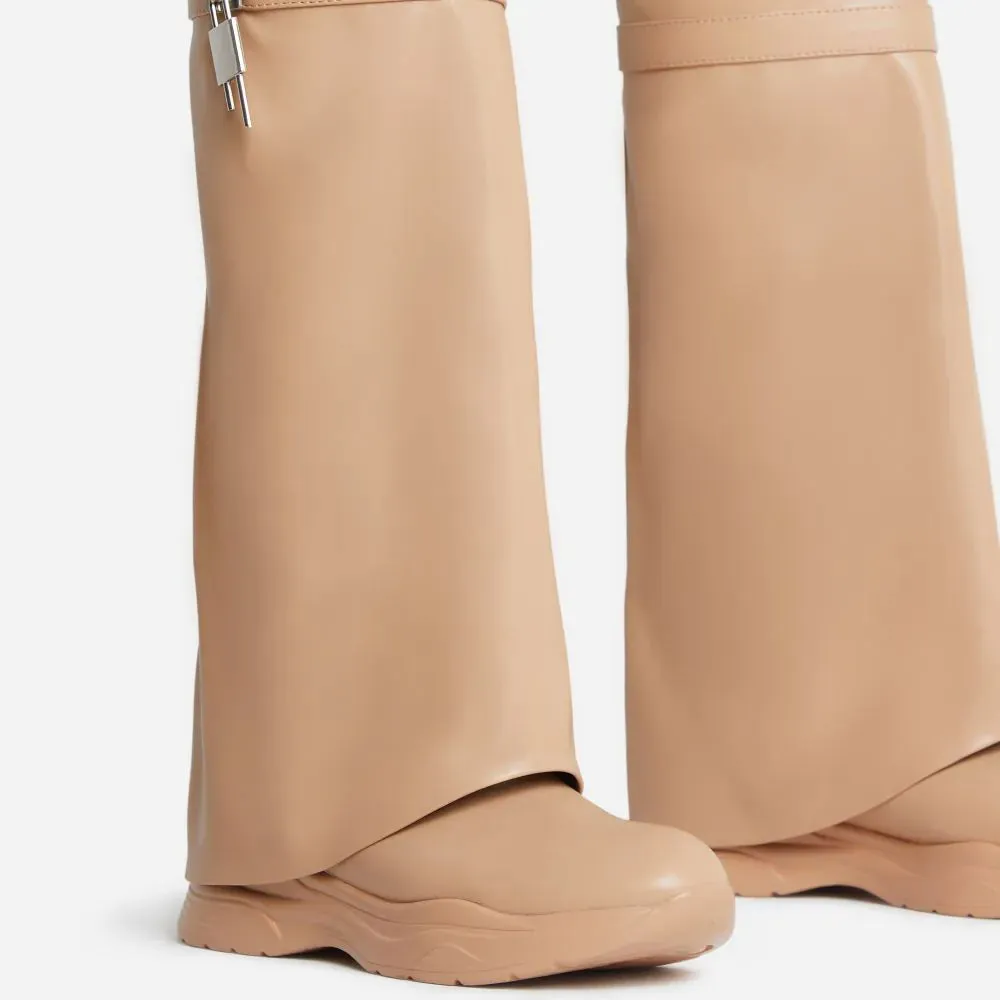 Fold Over Flat Platform Chunky Sole Padlock Boots Triple Sec