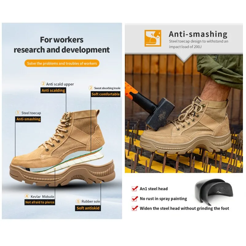 Genuine Leather Men Safety Boots Canvas Stitching Construction Work Shoes Male Indestructible Steel Toe Boots For Men Footwear