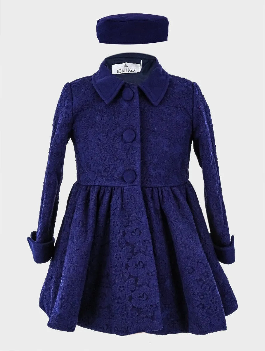 Girls Coat Floral Embroidered Lace 2 Piece Set - Navy Blue