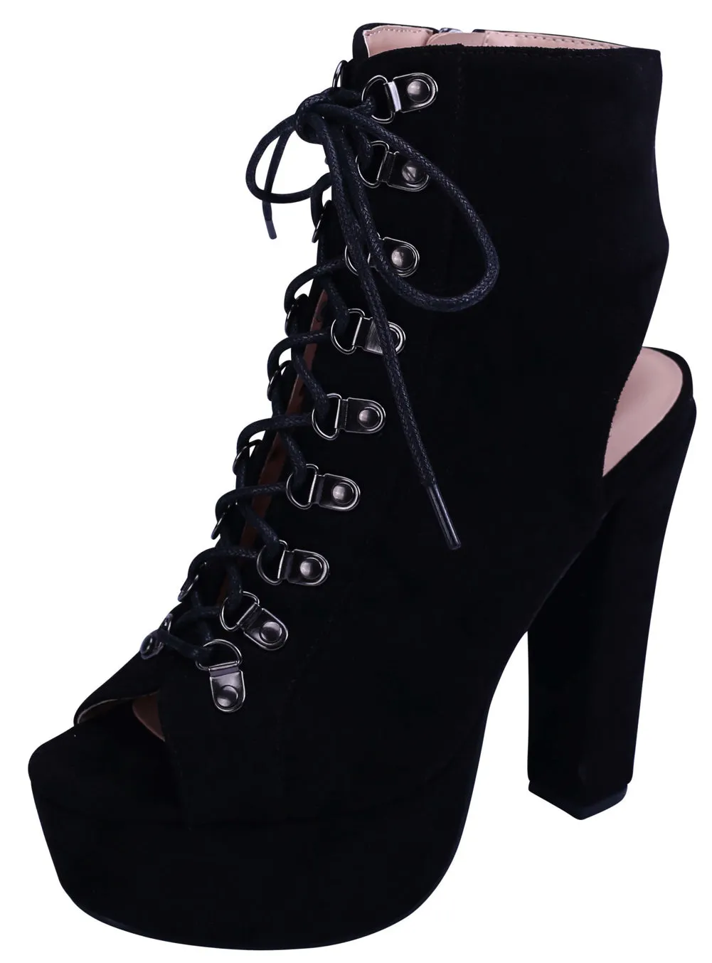 Glaze Women's Lace Open Toe Open Back Chunky Stacked Heel Platform Ankle Bootie