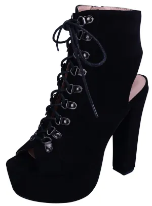 Glaze Women's Lace Open Toe Open Back Chunky Stacked Heel Platform Ankle Bootie