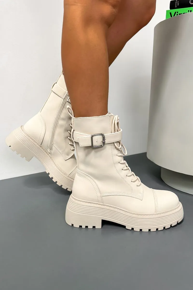 HARLEY Chunky Buckle Ankle Boots - Beige