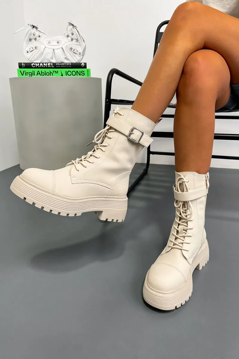 HARLEY Chunky Buckle Ankle Boots - Beige