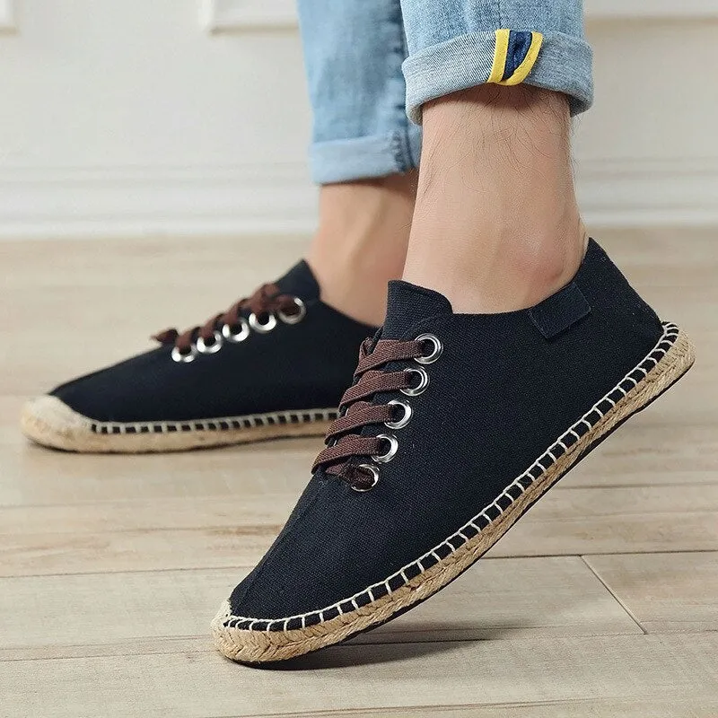 Hnzxzm Canvas Shoes Men Flat Casual Loafers Breathable Hemp Lazy Shoes Cool Young Man Footwear Slip-on Cloth Black Big Size 45 A1494