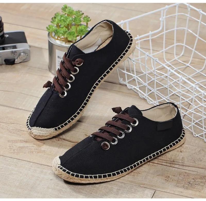 Hnzxzm Canvas Shoes Men Flat Casual Loafers Breathable Hemp Lazy Shoes Cool Young Man Footwear Slip-on Cloth Black Big Size 45 A1494