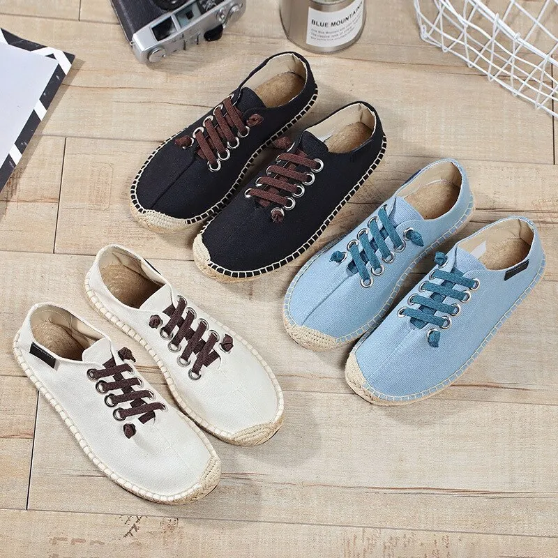 Hnzxzm Canvas Shoes Men Flat Casual Loafers Breathable Hemp Lazy Shoes Cool Young Man Footwear Slip-on Cloth Black Big Size 45 A1494