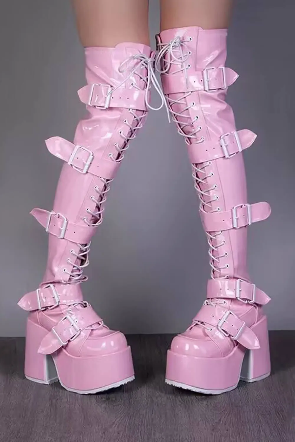 Patent Lace-Up Belt Buckle Strap Chunky Platform Thigh High Boots - Pink