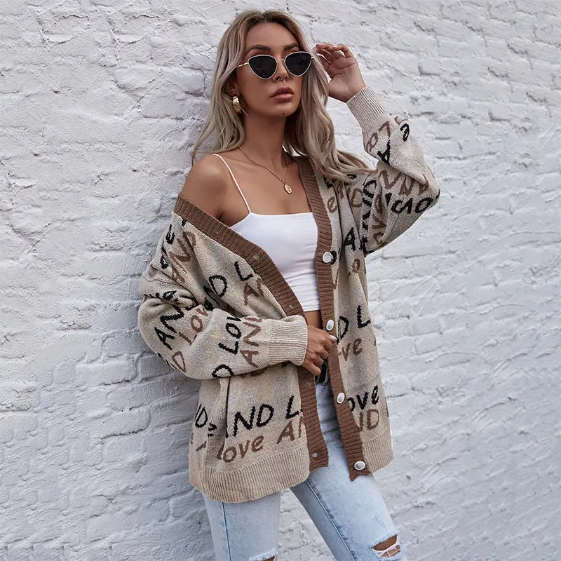 PEOPLETERRITORY 2023 autumn and winter knitted cardigan  letter fashion jacquard long-sleeved medium and long sweater jacket