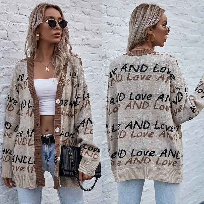 PEOPLETERRITORY 2023 autumn and winter knitted cardigan  letter fashion jacquard long-sleeved medium and long sweater jacket