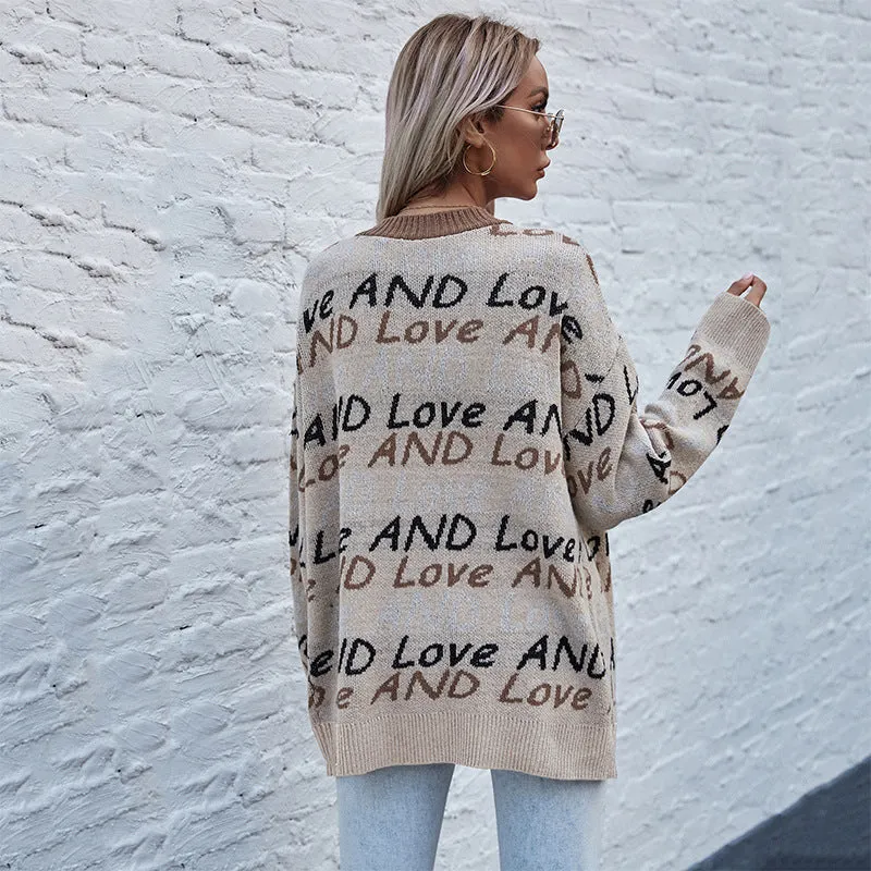 PEOPLETERRITORY 2023 autumn and winter knitted cardigan  letter fashion jacquard long-sleeved medium and long sweater jacket