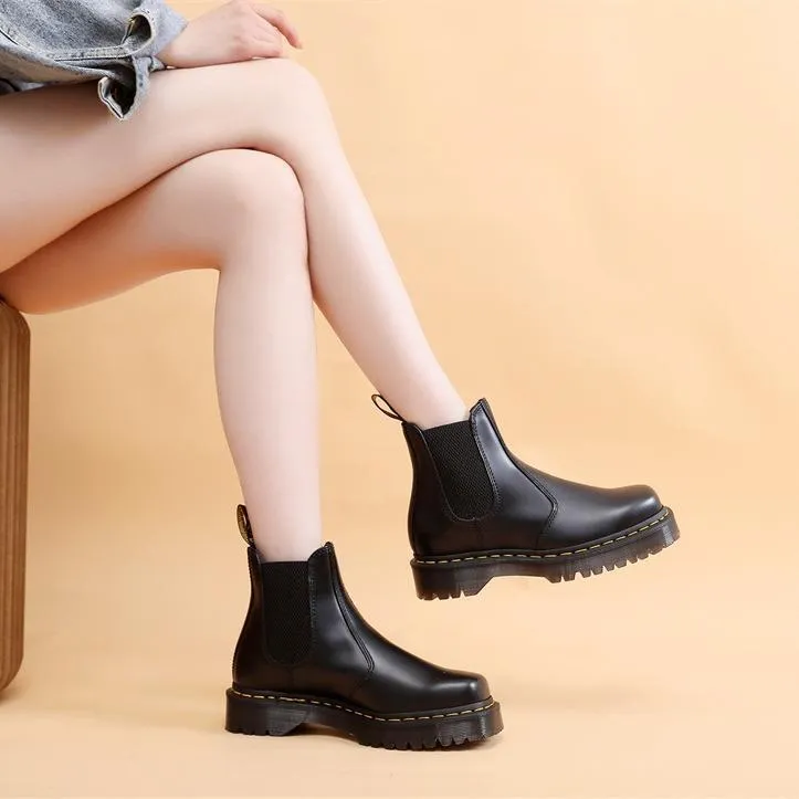 PEOPLETERRITORY 2976 Chelsea boots women's couple locomotive boots men's British leather short boots men's and women's casual square head leather shoes