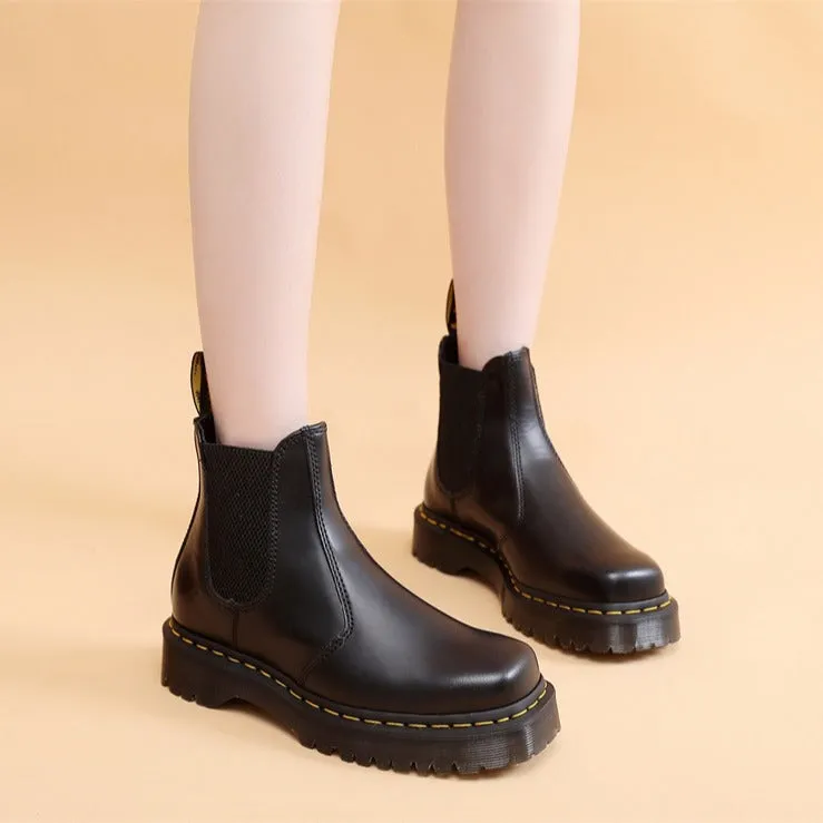PEOPLETERRITORY 2976 Chelsea boots women's couple locomotive boots men's British leather short boots men's and women's casual square head leather shoes