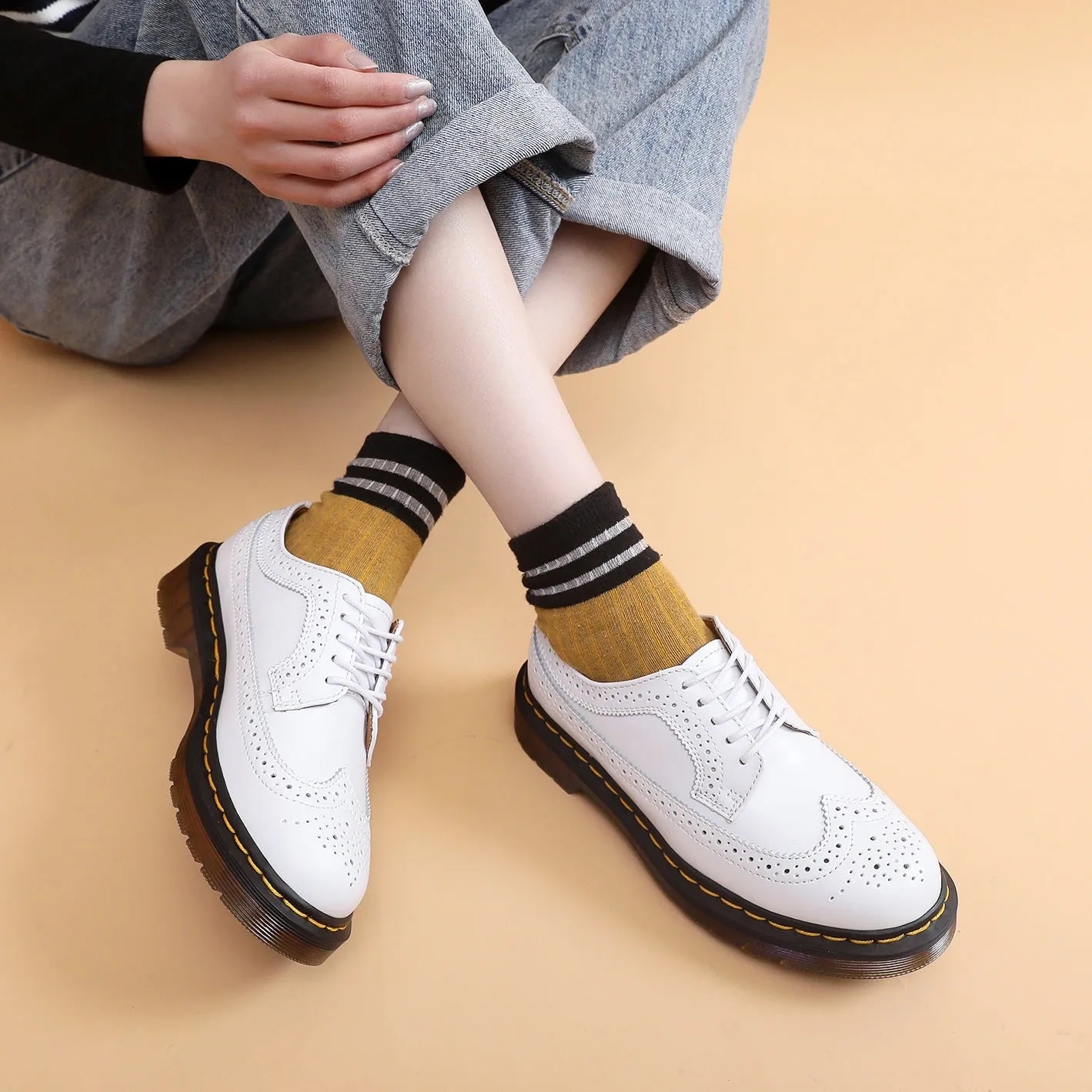 PEOPLETERRITORY 3989 small leather shoes women's low-top 5-hole genuine leather Brock engraved men's and women's round head couple's platform single shoes